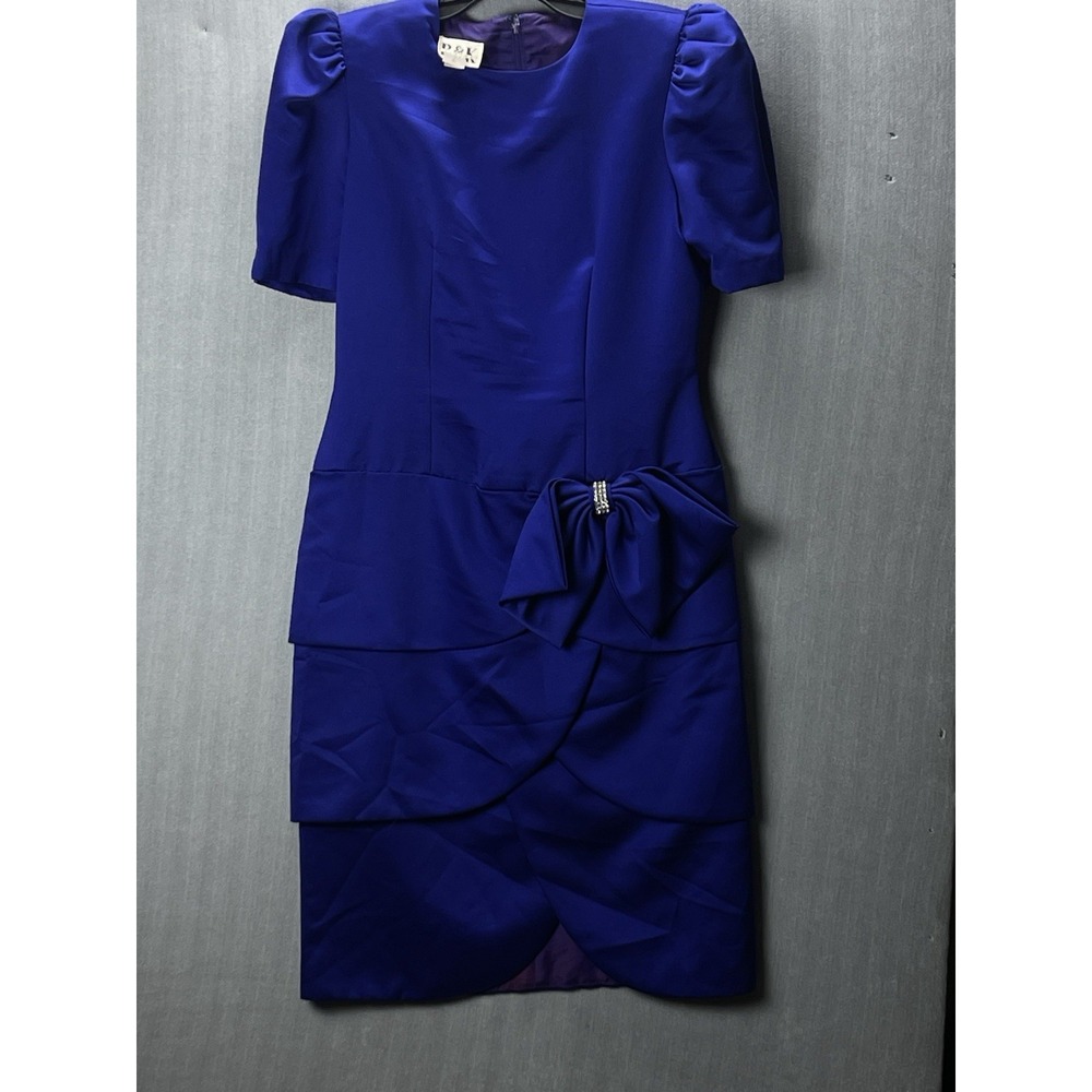 R&K Evening Royal Blue Rhinestone Bow Puff Sleeve Formal Cocktail Dress Size 14